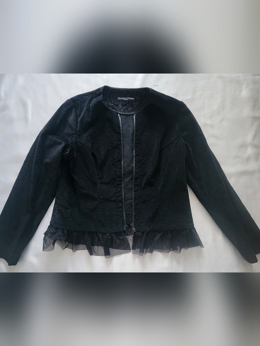 VERONIQUE D’ARAGON Black Ruffle Tulle Mesh Hem Zip Up Jacket / Blazer